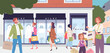 © ssstocker - Fashion outlet. People walk outside trendy apparel boutique, mall shopping customer visit street clothing store with mannequin, consumer retail purchase classy vector illustration