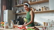 © stockbusters - Headphones woman chopping vegetables in home kitchen. Joyful girl cooking salad