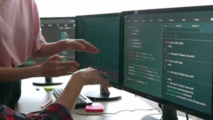 Back end software developer engineer for computer programming working together on debugging writing computing code, solving complex algorithms display on monitor in office. Burgeoning