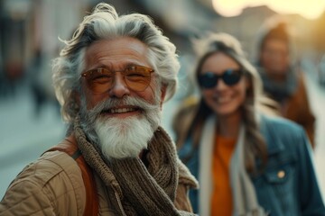 Canvas Print - Happy senior man with his friends walking in the street. Cheerful senior man with his friends walking in the city.