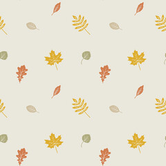 Wall Mural - Fall seamless pattern with leaves. Wallpaper art with cute autumn elements. Colorful hand drawn illustration and boho background.