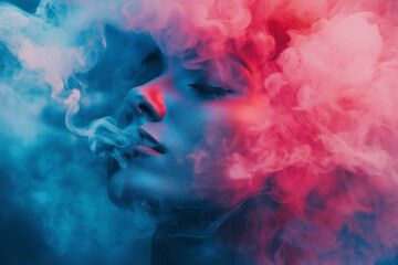 Close-up portrait of a young woman surrounded by colorful smoke in red and blue light. Creative and surreal concept representing dreams, imagination, or abstract beauty