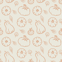 Wall Mural - Fall seamless pattern with pumpkins and leaves. Cute autumn elements. Hand drawn line art illustration and Thanksgiving background. Doodle wallpaper art.