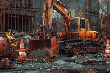 Poster - An excavator operates at a construction site, surrounded by debris and caution cones in a bustling urban environment. Generative AI