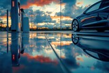 Fototapeta Koty - A close-up view of an electric car charging station with a car parked nearby, reflecting the colorful sunset.