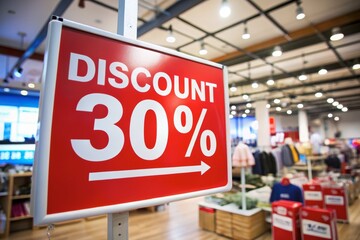 30% Discount Sign in a Clothing Store for Retail Sales Promotions, Seasonal Marketing Campaigns, and Black Friday Advertisements