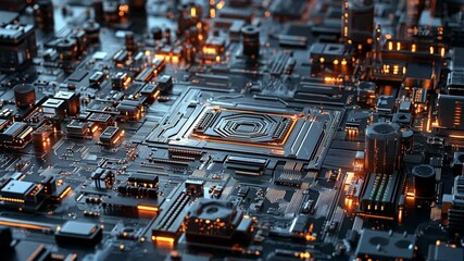 Wall Mural - A close-up of a circuit board with a central processor and glowing orange lights