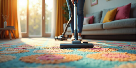 Close-up of a vacuum cleaner that cleans the floor and ensures hygiene in living spaces, dust reduction and well-being through cleanliness