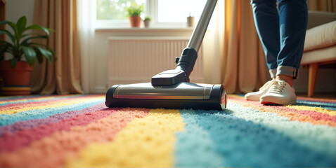 Close-up of a vacuum cleaner that cleans the floor and ensures hygiene in living spaces, dust reduction and well-being through cleanliness