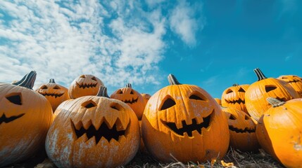 Halloween Pumpkin Decorations with Scary Faces Against Blue Sky