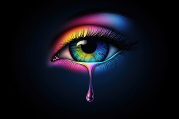 A vibrant eye with colorful tears against a dark background, symbolizing deep emotions and creativity.