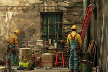 Aufkleber - A repair team uses tools and materials on a construction site, surrounded by boxes and equipment, focused on their tasks. Generative AI