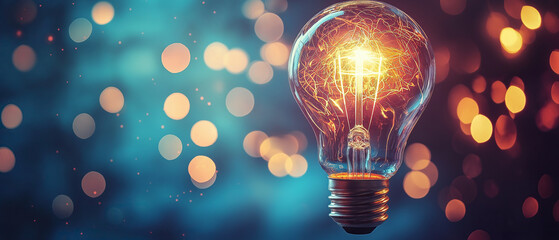 Close-up of glowing light bulb with bokeh lights in the background, symbolizing innovation, creativity, and inspiration