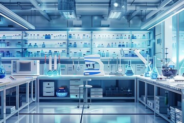 Poster - The lab features blue lighting, neatly arranged glassware, and equipment, creating a professional scientific environment. Generative AI