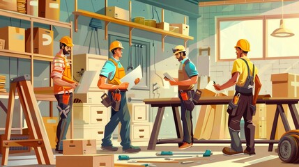Aufkleber - A dedicated repair team works together in a workshop, actively discussing plans while handling tools and materials for their project. Generative AI