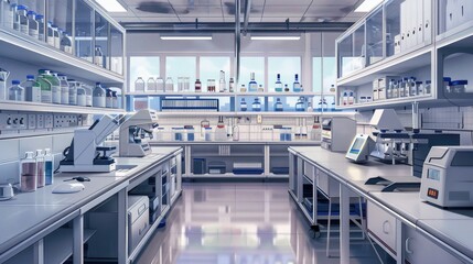 Poster - A spacious lab filled with high-tech instruments and neatly arranged containers, illuminated by natural light from large windows. Generative AI