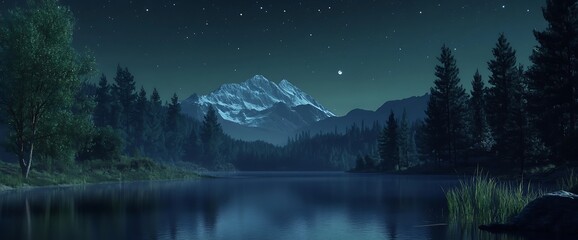 Tranquil mountain lake under a starry night sky.