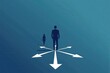 © Georgii - Person standing at crossroads with multiple arrows symbolizing choices and decisions in a minimalist blue concept illustration