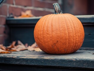 Wall Mural - Close up of an orange pumpkin on stairs