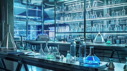 Aufkleber - In a contemporary laboratory, illuminated glass containers display vibrant liquids while advanced equipment fills the space. Generative AI