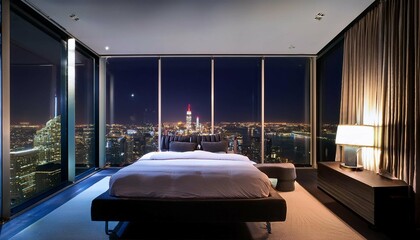 Wall Mural - Penthouse bedroom at night, dark gloomy, A room with a view of the city from the bed