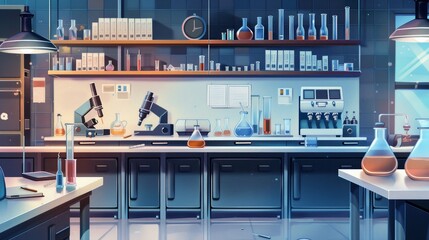 Poster - The laboratory showcases a variety of instruments, glassware, and a clean workspace indicating ongoing scientific research. Generative AI