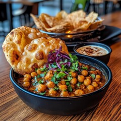 Chole bhature, with bright lighting showcasing the fluffy fried bread and rich chickpea curry.