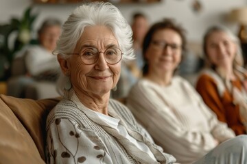 Sticker - Portrait of a happy senior woman with her family in the background