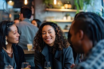 Wall Mural - cheerful african american woman looking at friends in cafe