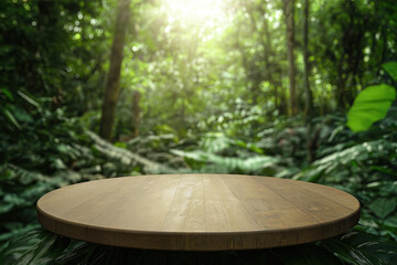 product presentation podium, empty wooden plate closeup, round platform with blurred natural green forest in background, display mockup, copy space, photorealistic