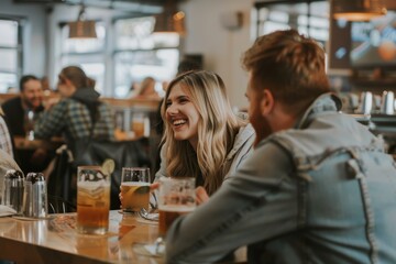 Sticker - Couple in cafe. Young man and woman drinking beer and talking.