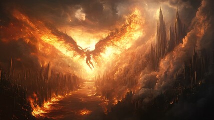 Poster - A dramatic scene depicting a fiery figure with wings amidst a burning landscape and towering structures.