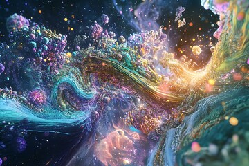 Wall Mural - A vibrant cosmic scene featuring swirling colors and luminous particles, evoking a sense of wonder and exploration.