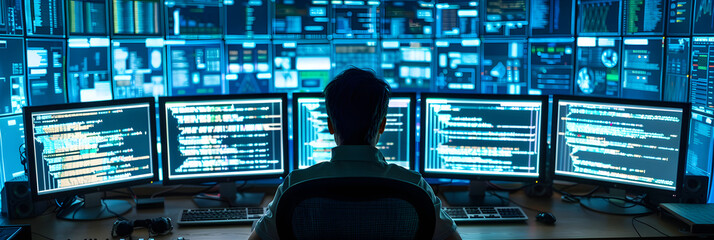 intensity and dedication of a programmer captured amidst multiple monitors displaying intricate codi