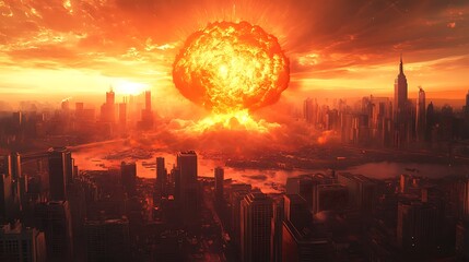 Canvas Print - A dramatic depiction of a nuclear explosion over a cityscape at sunset.