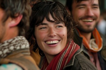 Wall Mural - Portrait of a smiling young woman in front of a group of friends