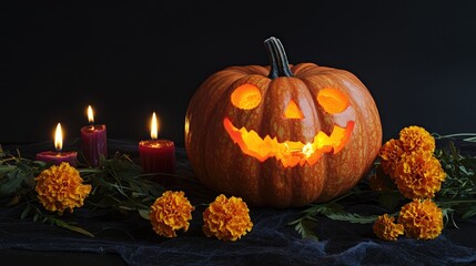 Poster - Halloween Pumpkin with Candles and Marigold Flowers on Black Background