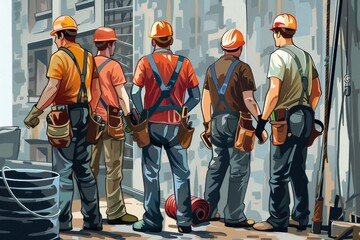 Aufkleber - A group of workers prepares for tasks at a construction site featuring essential tools and materials in broad daylight. Generative AI