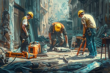 Aufkleber - A group of workers utilizes various tools and materials to repair urban infrastructure while engaged in their tasks on-site. Generative AI