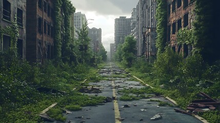 Canvas Print - A desolate urban landscape overgrown with vegetation, showcasing nature reclaiming abandoned structures.