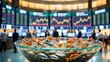 © Sutarto Stock - A bowl of goldfish sits in the foreground of a bustling stock exchange trading floor with large screens displaying financial data.