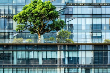 A tree is reflected in the glass of a building, generative ai image