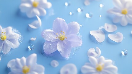 3D Wallpaper with Purple Flowers, White Petals, and Water Droplets in a Blue and Yellow Gradient Design, Featuring Minimalist Style and Glass Effects in Ultra HD