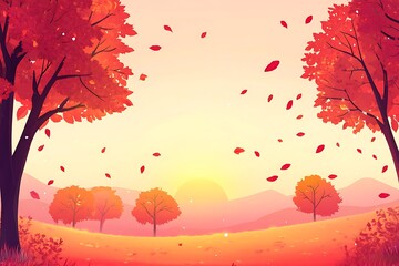 Canvas Print - A serene autumn landscape with colorful trees and falling leaves at sunset.