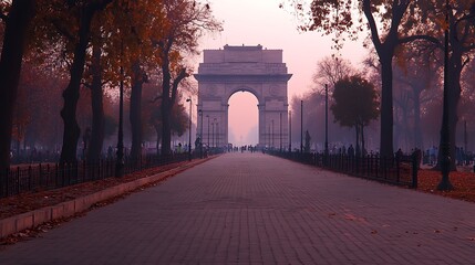 Wall Mural - A serene view of an archway surrounded by trees in a tranquil setting at dusk.