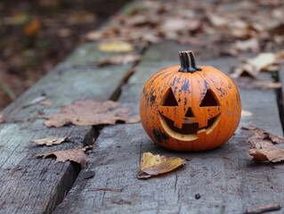 Wall Mural - Halloween pumpkin on rustic wood in forest