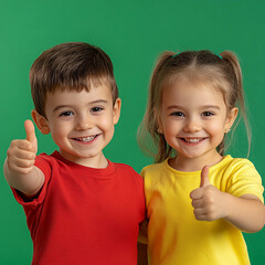 Wall Mural -  happy german little boy in red shirt and girl in yellow shirt showing thumb, greenbox background