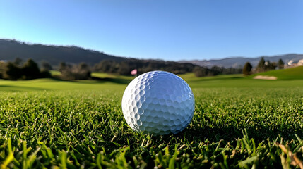 Wall Mural - A close-up of a golf ball on a lush green fairway.