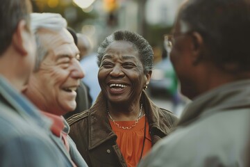 Sticker - Group of senior people talking in the street. Senior people lifestyle concept.