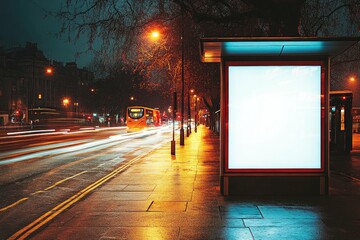 A city street at night with a blank billboard. Perfect for showcasing your advertisement in a bustling urban setting.